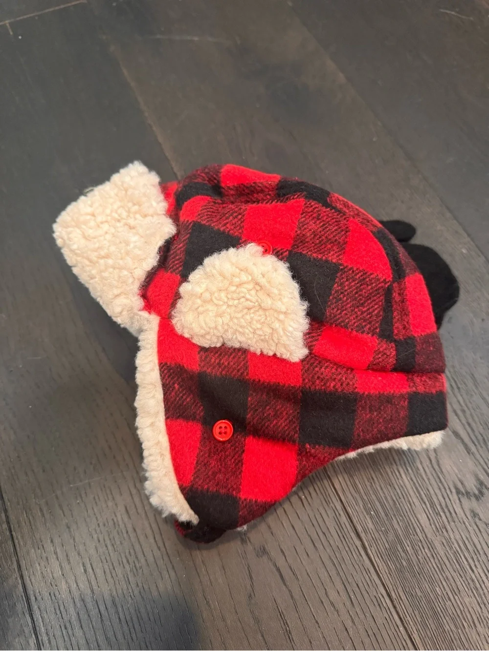 Cat & Jack Red and Black Buffalo Plaid Trapper Hat with Black Mittens